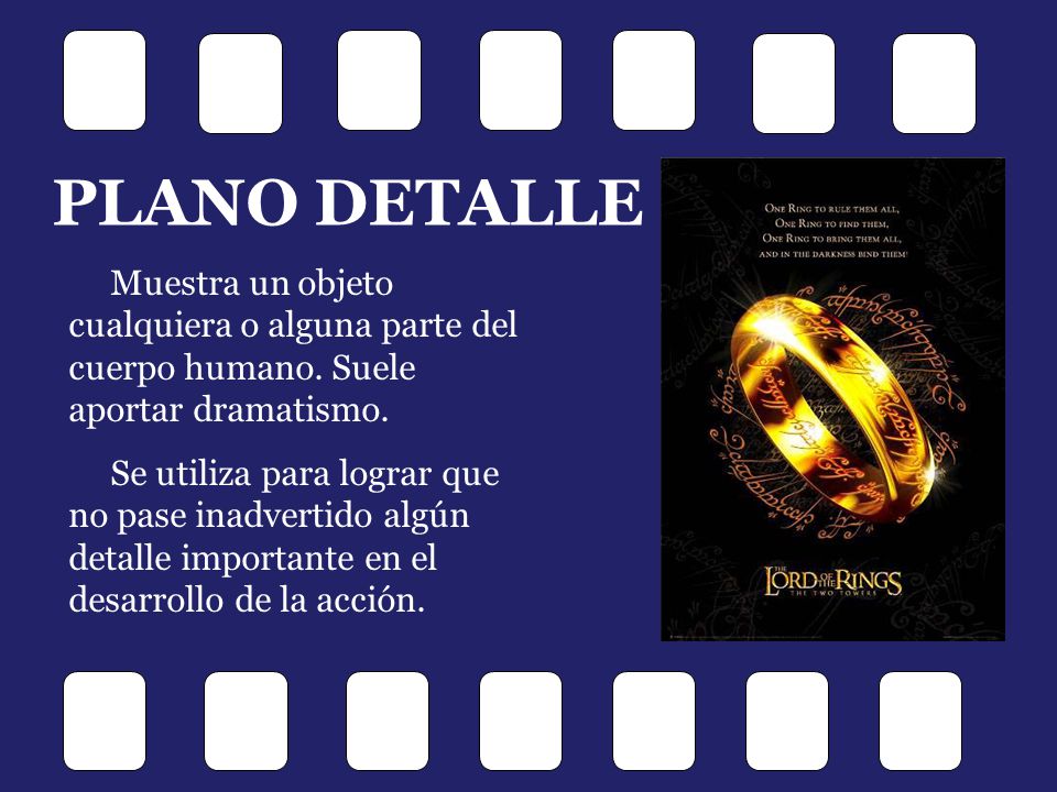 PLANO DETALLE Muestra un objeto cualquiera o alguna parte del cuerpo humano. Suele aportar dramatismo.