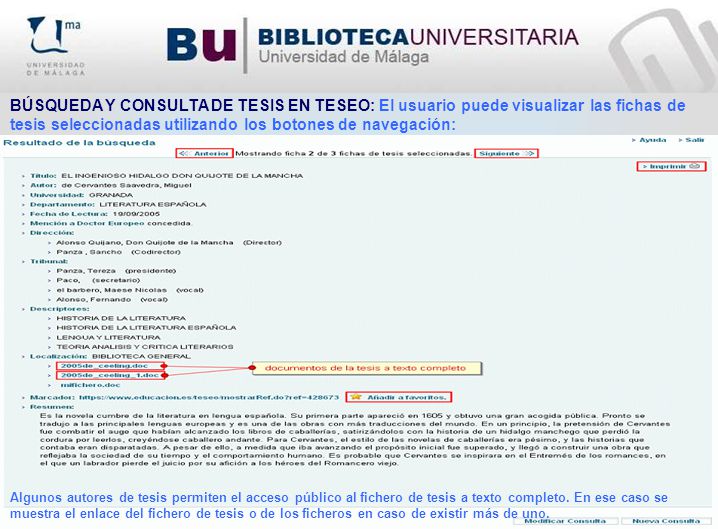 BÚSQUEDA Y CONSULTA DE TESIS EN TESEO: El usuario puede visualizar las fichas de tesis seleccionadas utilizando los botones de navegación: