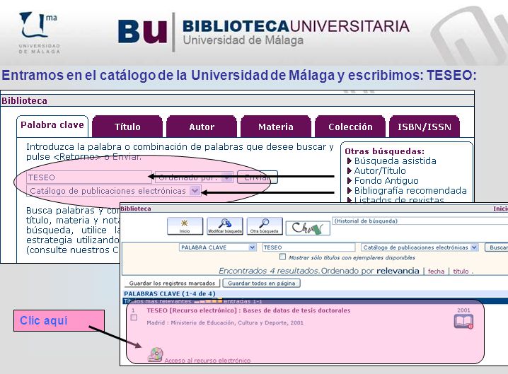 Entramos en el catálogo de la Universidad de Málaga y escribimos: TESEO: