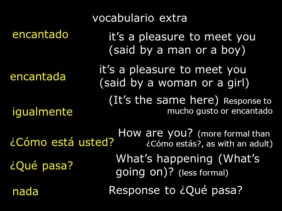 vocabulario extra encantado. it’s a pleasure to meet you (said by a man or a boy) it’s a pleasure to meet you (said by a woman or a girl)
