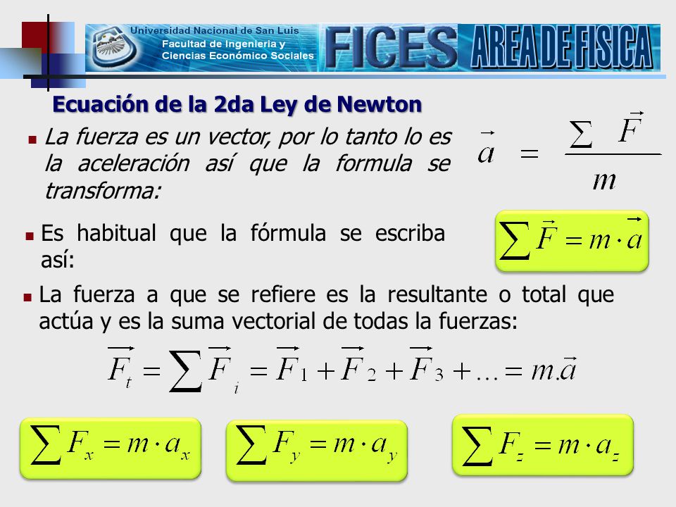 AREA DE FISICA Ecuación de la 2da Ley de Newton. La fuerza es un vector, por lo tanto lo es la aceleración así que la formula se transforma:
