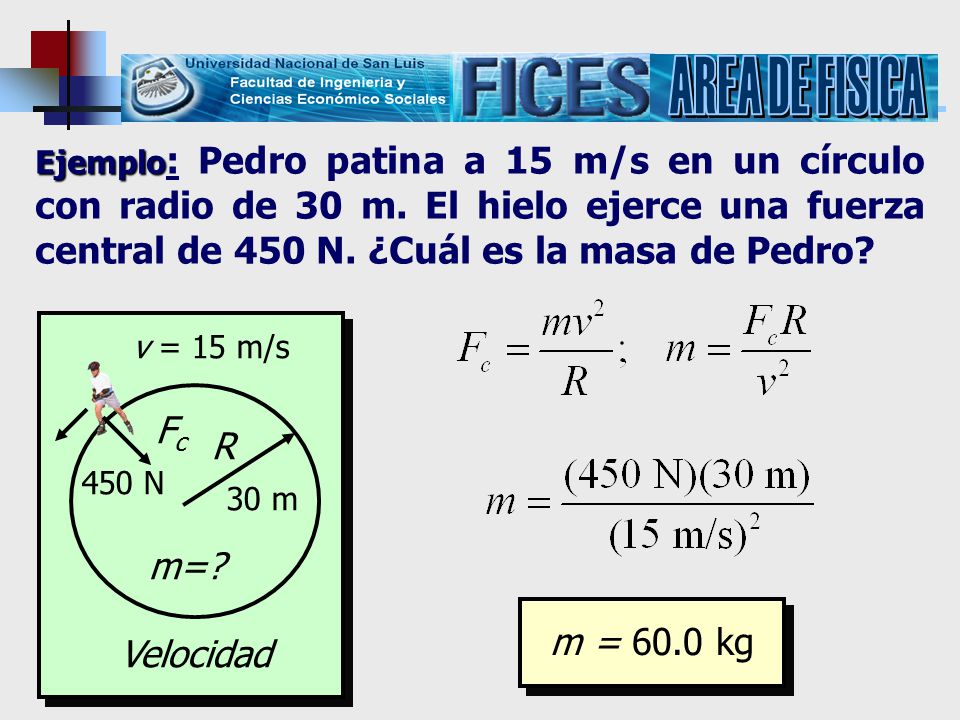 AREA DE FISICA Fc R m= m = 60.0 kg Velocidad