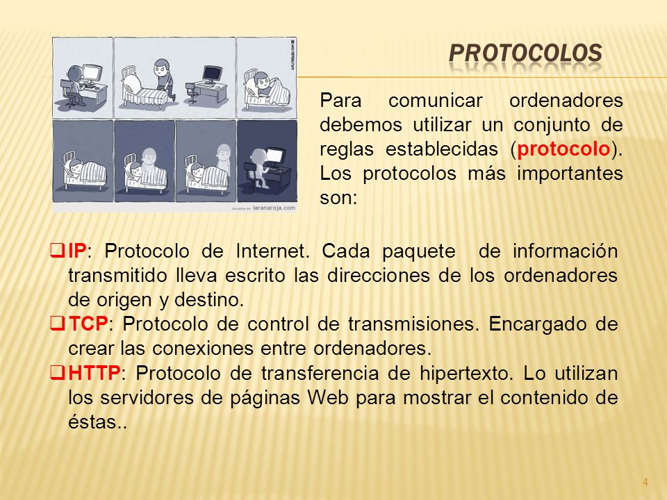 Protocolos Para comunicar ordenadores debemos utilizar un conjunto de reglas establecidas (protocolo). Los protocolos más importantes son: