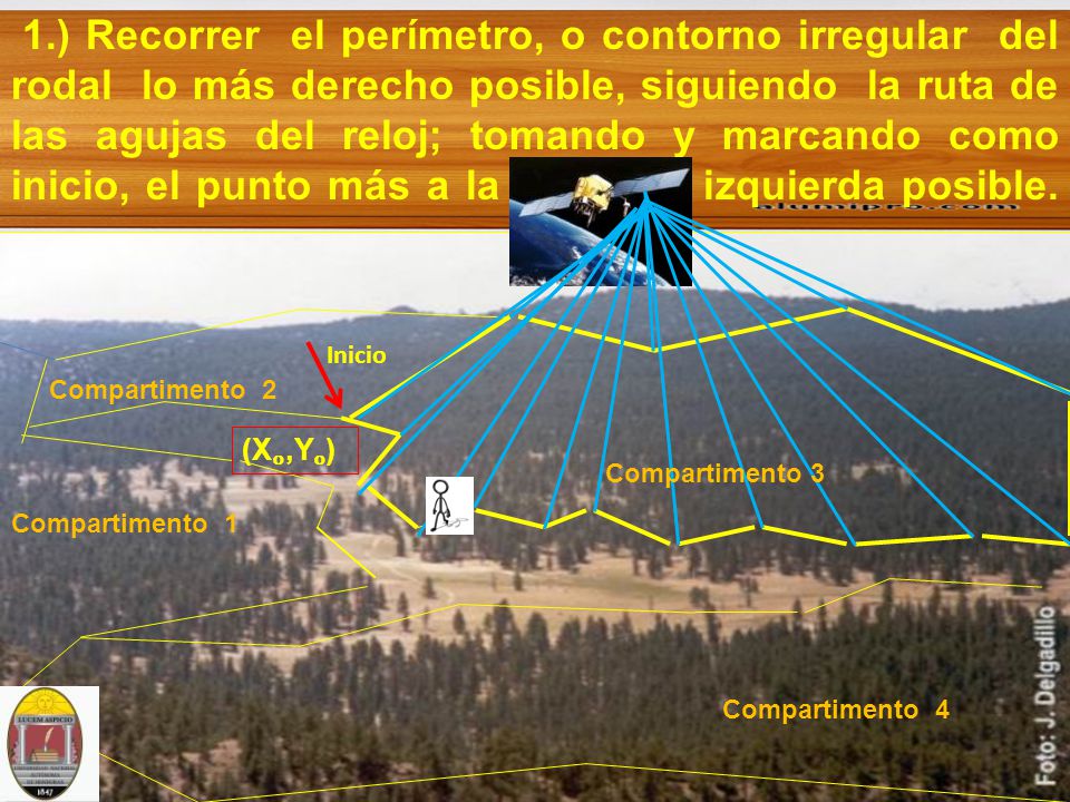 1.) Recorrer el perímetro, o contorno irregular del rodal lo más derecho posible, siguiendo la ruta de las agujas del reloj; tomando y marcando como inicio, el punto más a la izquierda posible.