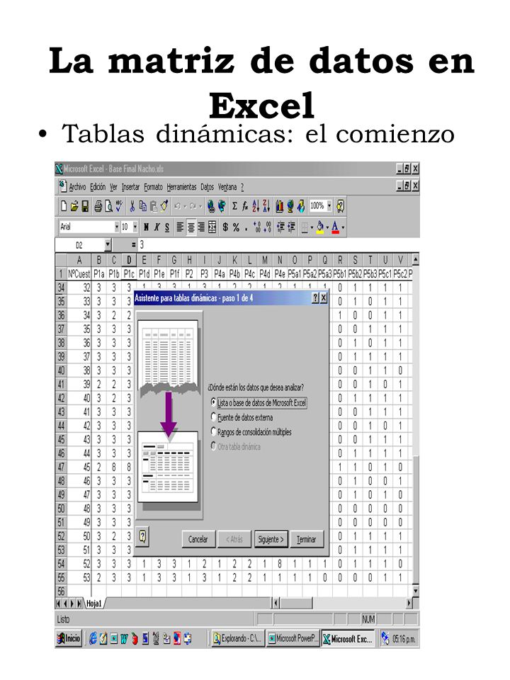 La matriz de datos en Excel