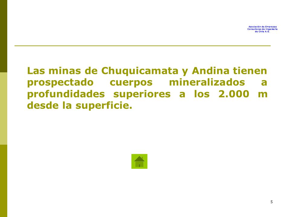 Las minas de Chuquicamata y Andina tienen prospectado cuerpos mineralizados a profundidades superiores a los m desde la superficie.