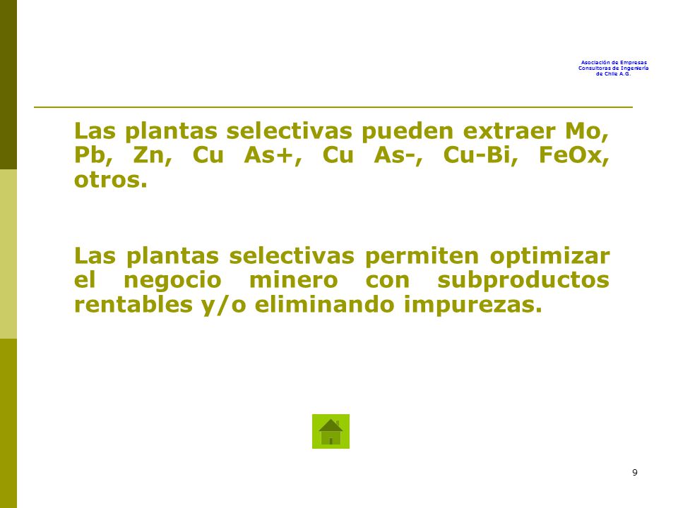 Las plantas selectivas pueden extraer Mo, Pb, Zn, Cu As+, Cu As-, Cu-Bi, FeOx, otros.