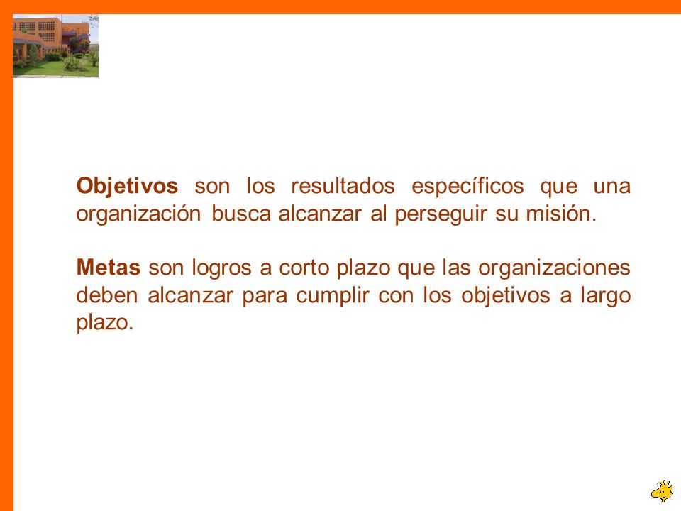 Objetivos son los resultados específicos que una organización busca alcanzar al perseguir su misión.