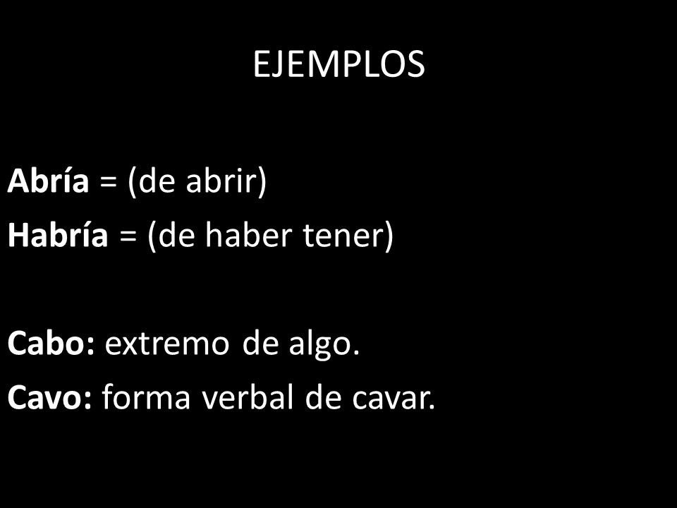 EJEMPLOS Abría = (de abrir) Habría = (de haber tener)