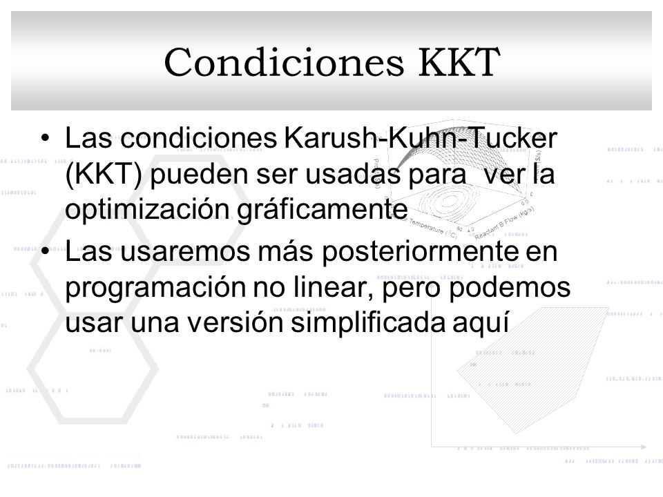 Condiciones KKT Las condiciones Karush-Kuhn-Tucker (KKT) pueden ser usadas para ver la optimización gráficamente.