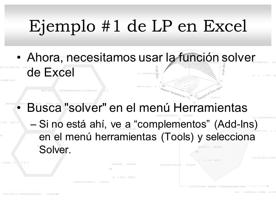 Ejemplo #1 de LP en Excel Ahora, necesitamos usar la función solver de Excel. Busca solver en el menú Herramientas.