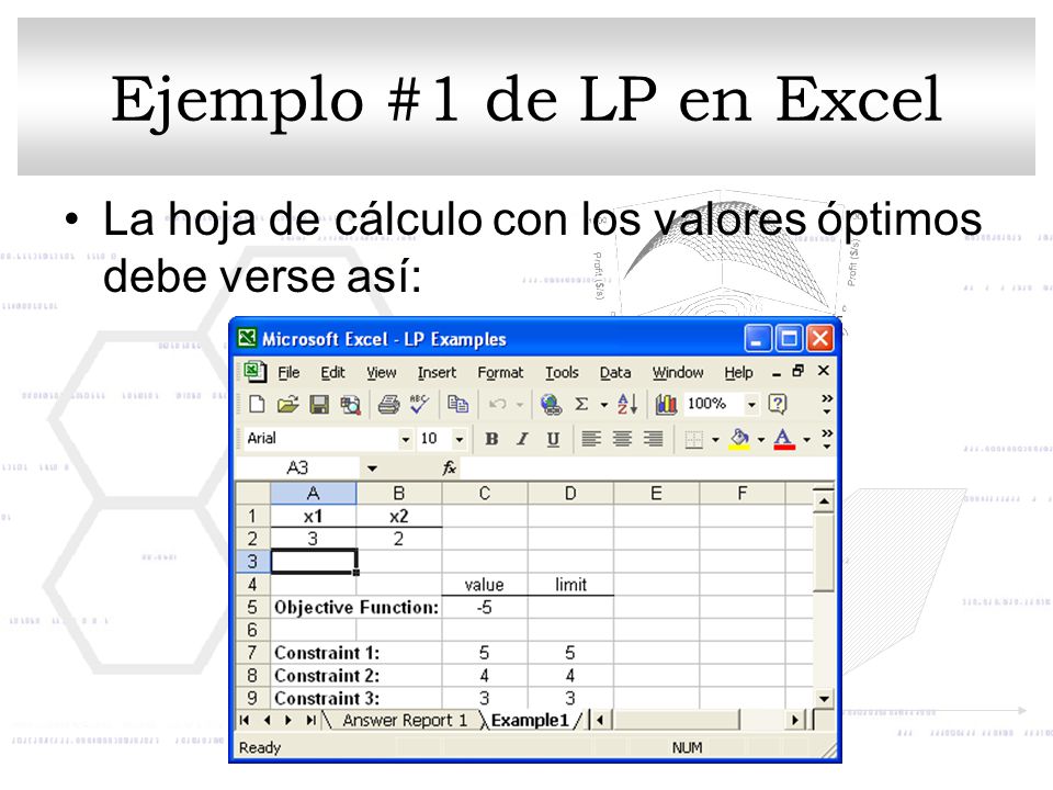 Ejemplo #1 de LP en Excel La hoja de cálculo con los valores óptimos debe verse así: