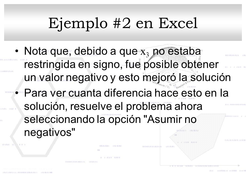 Ejemplo #2 en Excel Nota que, debido a que x3 no estaba restringida en signo, fue posible obtener un valor negativo y esto mejoró la solución.