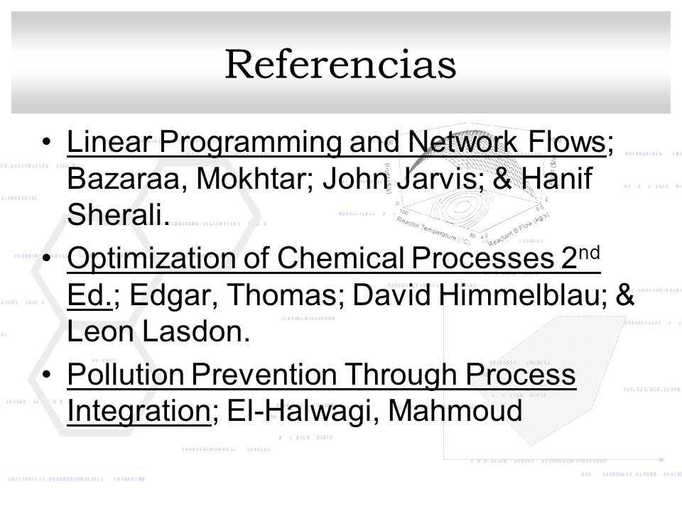 Referencias Linear Programming and Network Flows; Bazaraa, Mokhtar; John Jarvis; & Hanif Sherali.