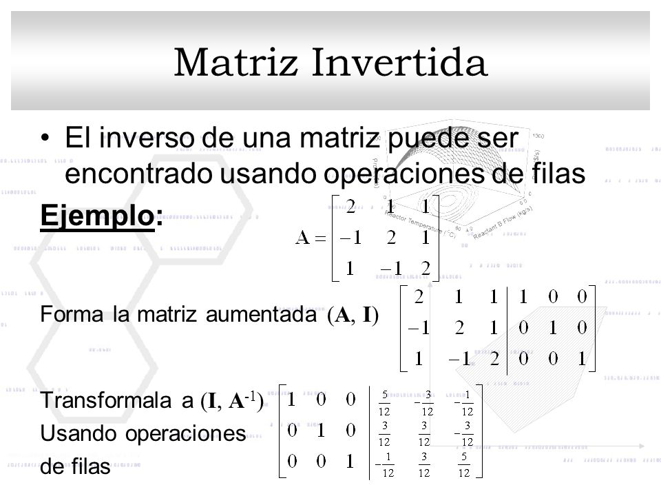 Matriz Invertida El inverso de una matriz puede ser encontrado usando operaciones de filas. Ejemplo: