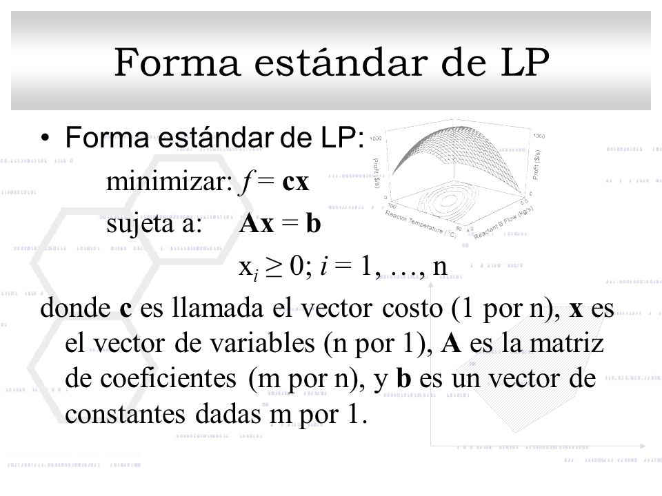 Forma estándar de LP Forma estándar de LP: minimizar: f = cx