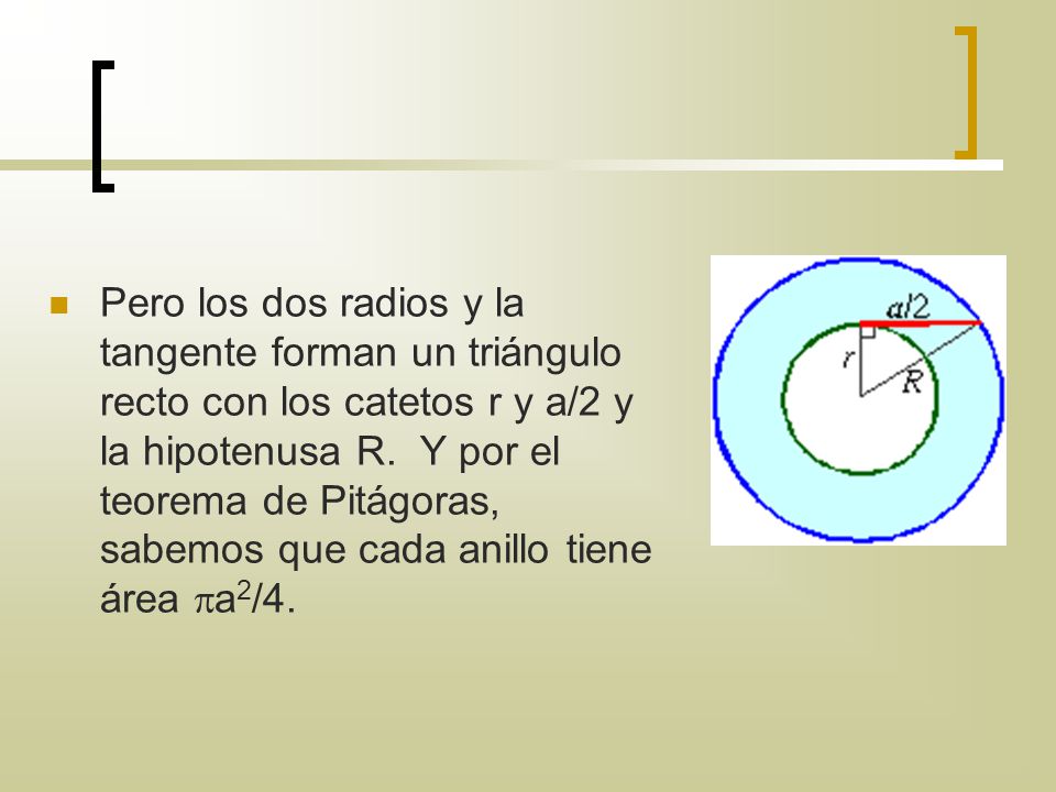 Pero los dos radios y la tangente forman un triángulo recto con los catetos r y a/2 y la hipotenusa R.
