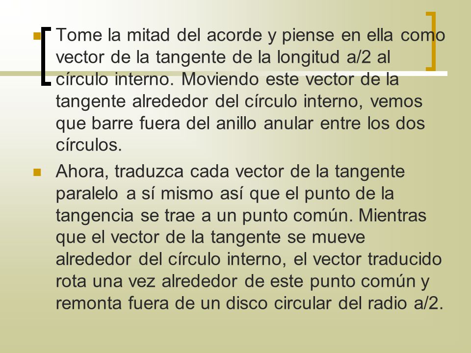 Tome la mitad del acorde y piense en ella como vector de la tangente de la longitud a/2 al círculo interno. Moviendo este vector de la tangente alrededor del círculo interno, vemos que barre fuera del anillo anular entre los dos círculos.