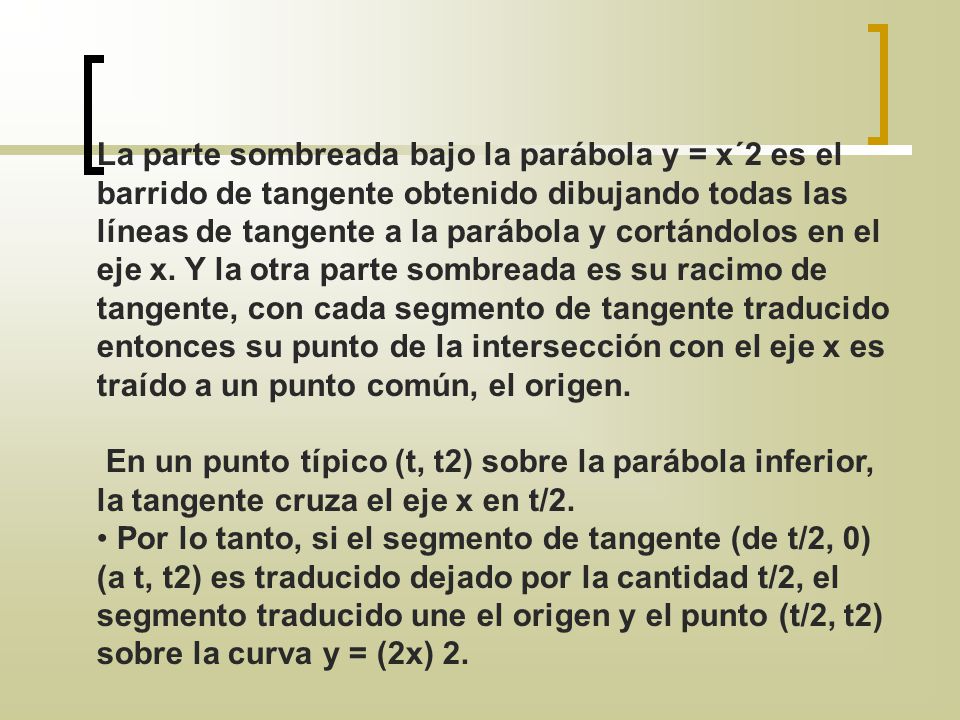 La parte sombreada bajo la parábola y = x´2 es el barrido de tangente obtenido dibujando todas las líneas de tangente a la parábola y cortándolos en el eje x. Y la otra parte sombreada es su racimo de tangente, con cada segmento de tangente traducido entonces su punto de la intersección con el eje x es traído a un punto común, el origen.