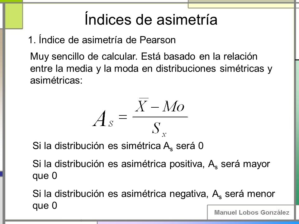 Índices de asimetría 1. Índice de asimetría de Pearson