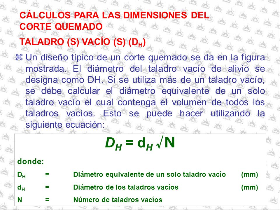 DH = dH √N CÁLCULOS PARA LAS DIMENSIONES DEL CORTE QUEMADO