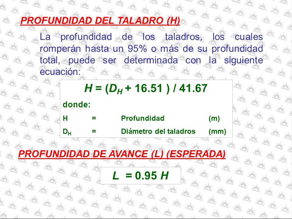 H = (DH ) / L = 0.95 H PROFUNDIDAD DEL TALADRO (H)