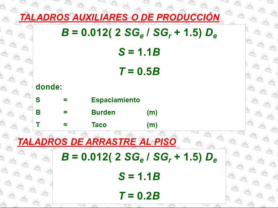 B = 0.012( 2 SGe / SGr + 1.5) De S = 1.1B T = 0.5B
