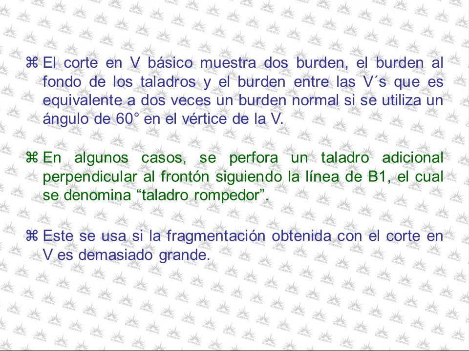 El corte en V básico muestra dos burden, el burden al fondo de los taladros y el burden entre las V´s que es equivalente a dos veces un burden normal si se utiliza un ángulo de 60° en el vértice de la V.