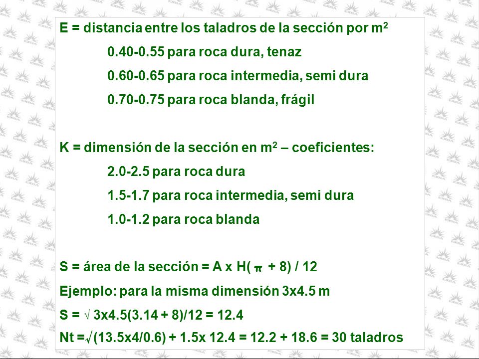 E = distancia entre los taladros de la sección por m2