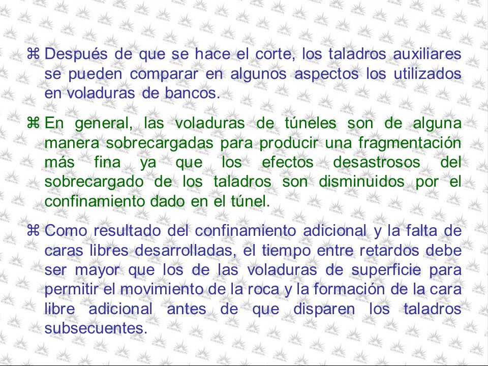 Después de que se hace el corte, los taladros auxiliares se pueden comparar en algunos aspectos los utilizados en voladuras de bancos.