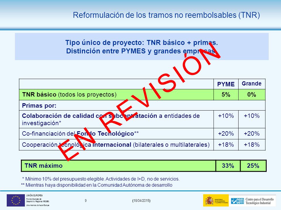 EN REVISIÓN Reformulación de los tramos no reembolsables (TNR)