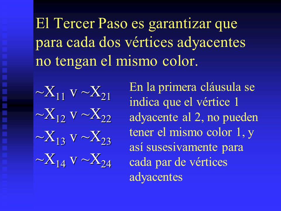 El Tercer Paso es garantizar que para cada dos vértices adyacentes no tengan el mismo color.