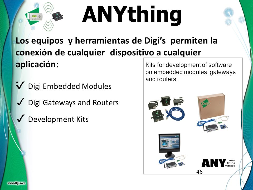 4646 ANYthing. Los equipos y herramientas de Digi’s permiten la conexión de cualquier dispositivo a cualquier aplicación: