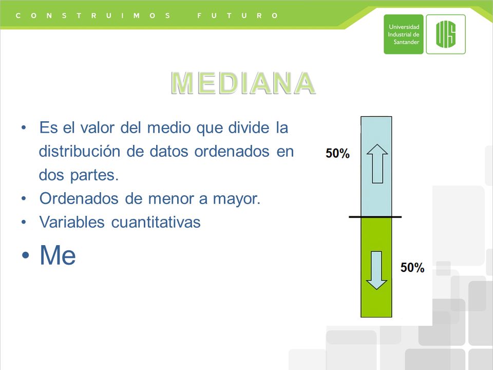 MEDIANA Me Es el valor del medio que divide la