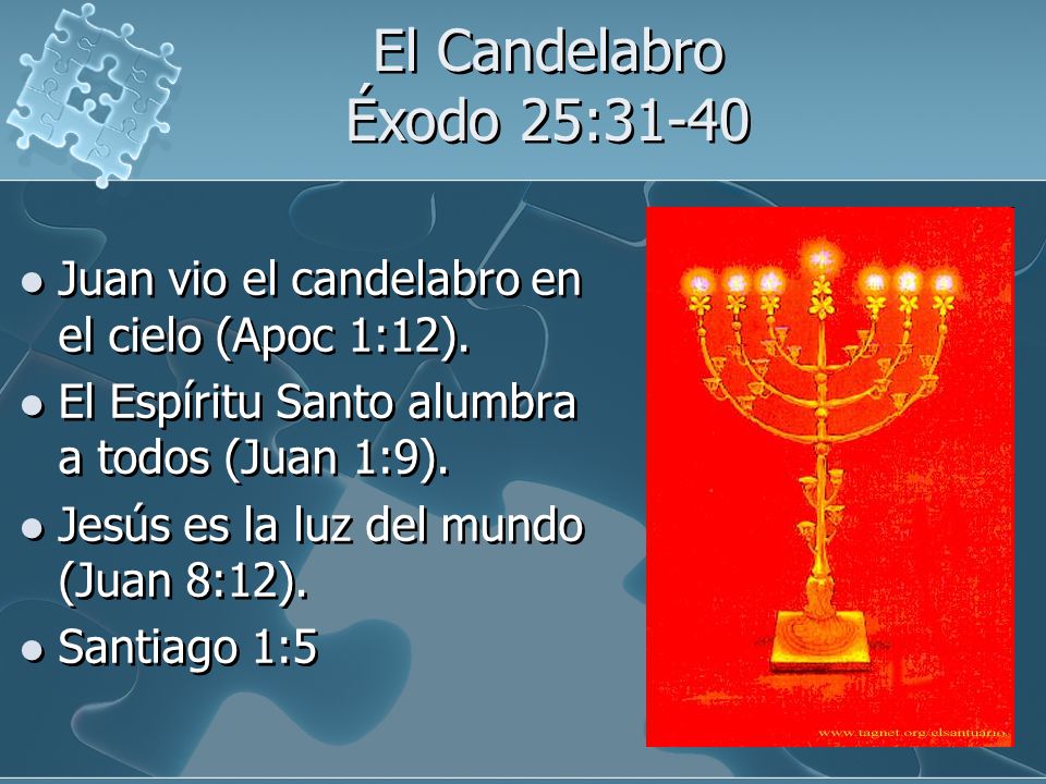El Candelabro Éxodo 25:31-40 Juan vio el candelabro en el cielo (Apoc 1:12). El Espíritu Santo alumbra a todos (Juan 1:9).