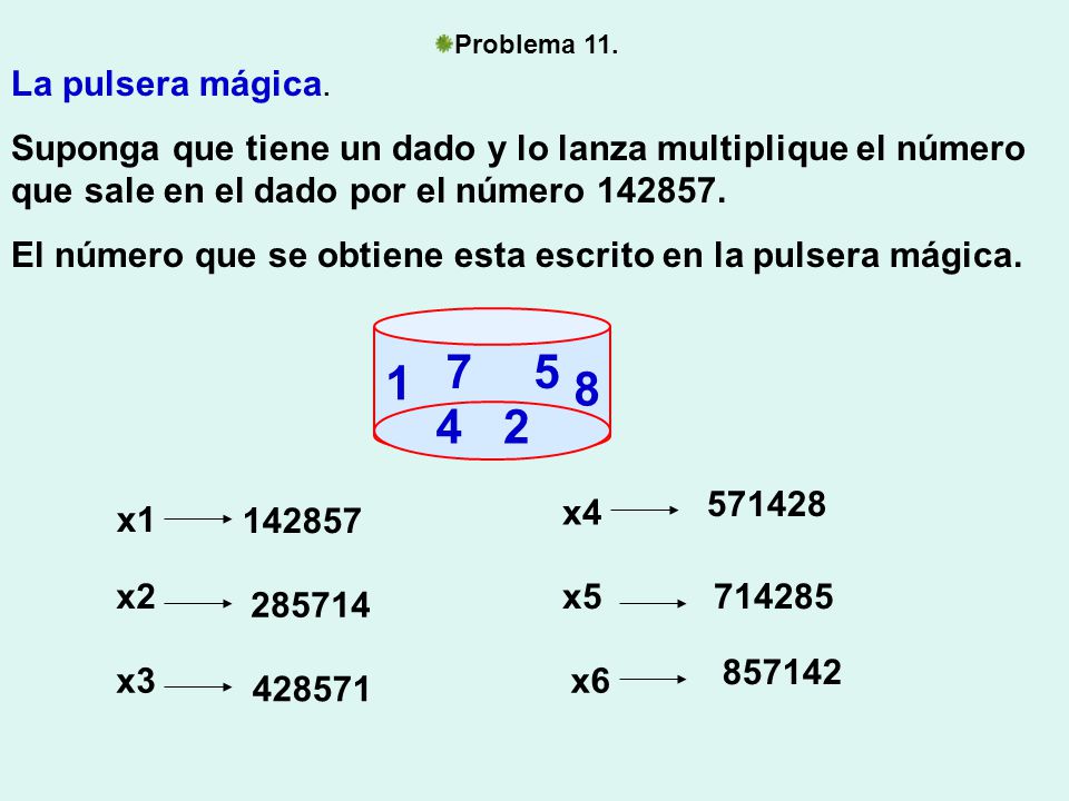 Problema 11. La pulsera mágica. Suponga que tiene un dado y lo lanza multiplique el número que sale en el dado por el número