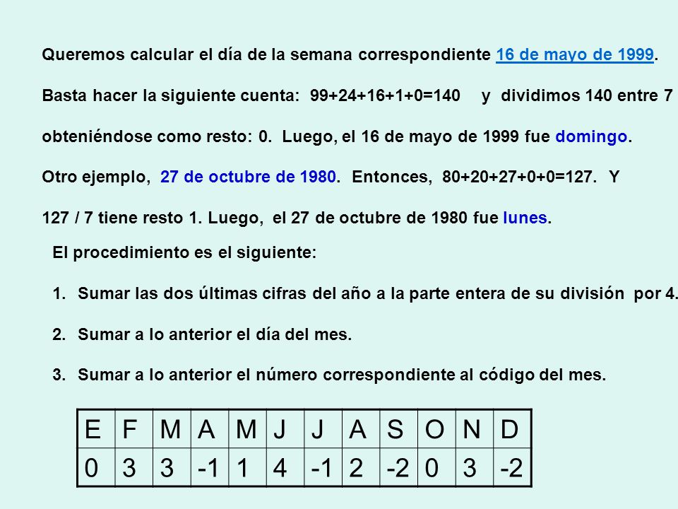 Queremos calcular el día de la semana correspondiente 16 de mayo de 1999.
