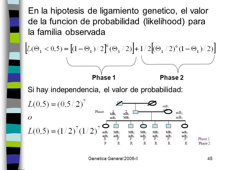 En la hipotesis de ligamiento genetico, el valor de la funcion de probabilidad (likelihood) para la familia observada