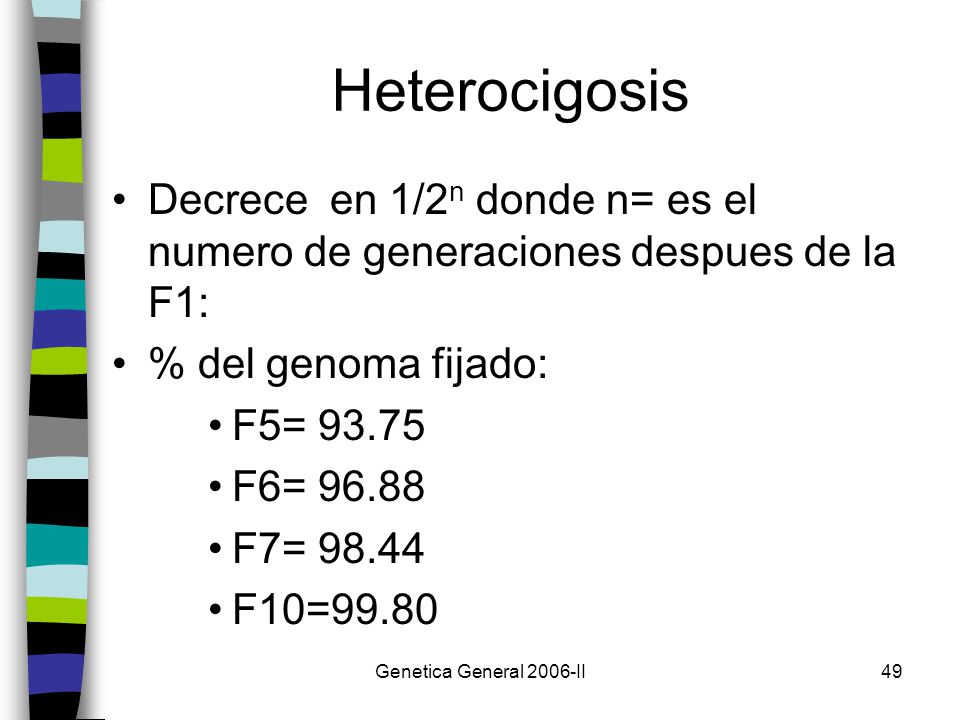 Heterocigosis Decrece en 1/2n donde n= es el numero de generaciones despues de la F1: % del genoma fijado: