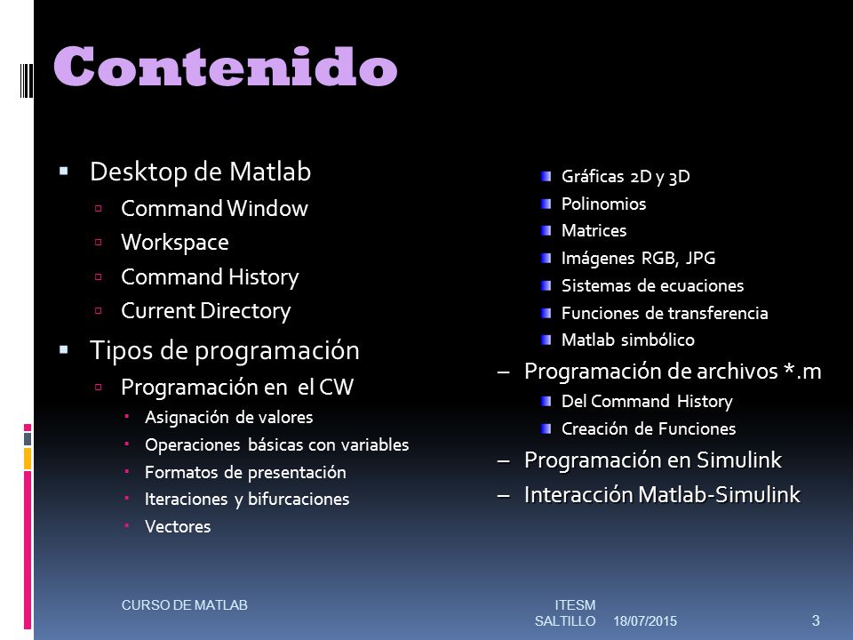 Contenido Desktop de Matlab Tipos de programación Command Window
