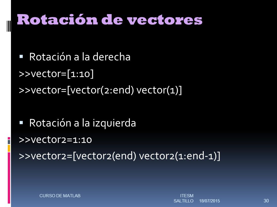 Rotación de vectores Rotación a la derecha >>vector=[1:10]
