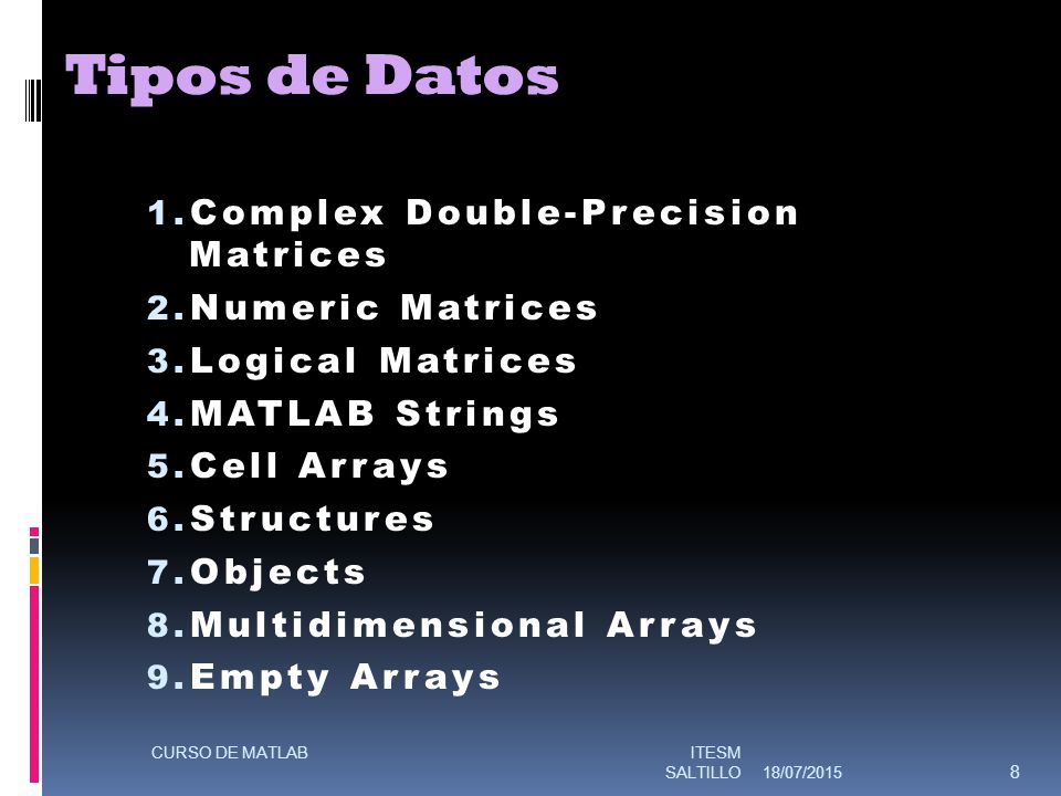 Tipos de Datos Complex Double-Precision Matrices Numeric Matrices