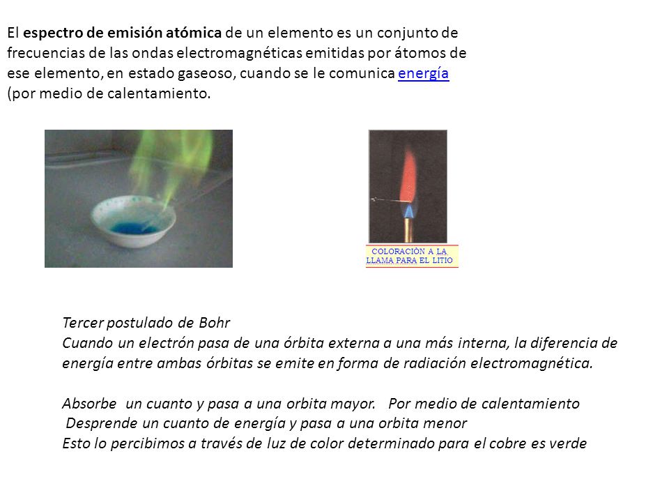 El espectro de emisión atómica de un elemento es un conjunto de frecuencias de las ondas electromagnéticas emitidas por átomos de ese elemento, en estado gaseoso, cuando se le comunica energía (por medio de calentamiento.