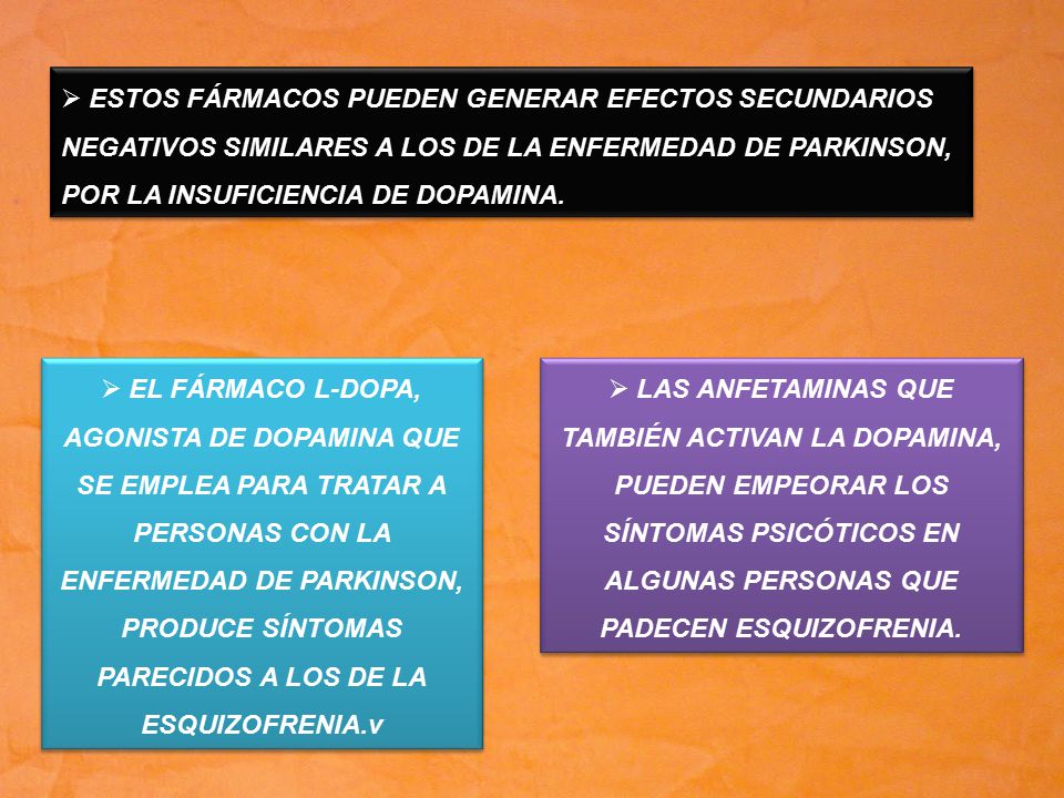 ESTOS FÁRMACOS PUEDEN GENERAR EFECTOS SECUNDARIOS NEGATIVOS SIMILARES A LOS DE LA ENFERMEDAD DE PARKINSON, POR LA INSUFICIENCIA DE DOPAMINA.