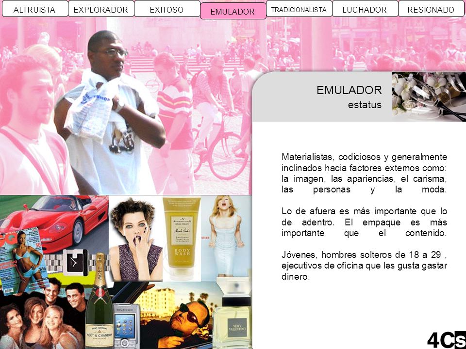 EMULADOR RESIGNADO. LUCHADOR. TRADICIONALISTA. EXITOSO. EXPLORADOR. ALTRUISTA.