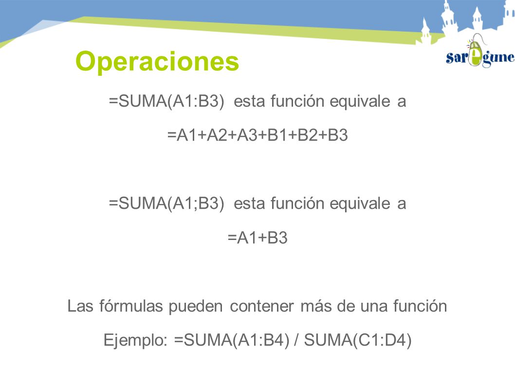 Operaciones =SUMA(A1:B3) esta función equivale a =A1+A2+A3+B1+B2+B3