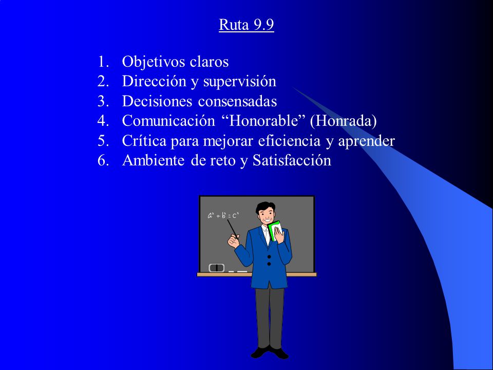 Ruta 9.9 Objetivos claros. Dirección y supervisión. Decisiones consensadas. Comunicación Honorable (Honrada)