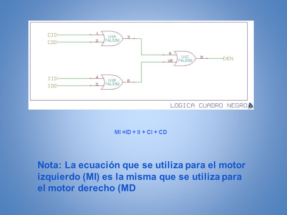 MI =ID + II + CI + CD Nota: La ecuación que se utiliza para el motor izquierdo (MI) es la misma que se utiliza para el motor derecho (MD.