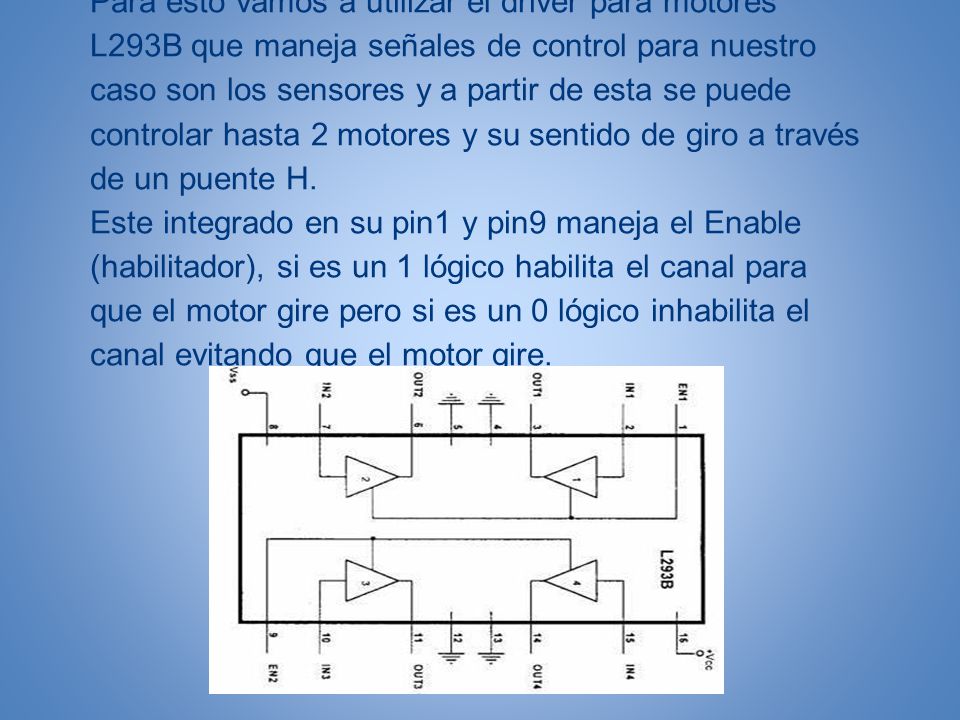 Para esto vamos a utilizar el driver para motores L293B que maneja señales de control para nuestro caso son los sensores y a partir de esta se puede controlar hasta 2 motores y su sentido de giro a través de un puente H.