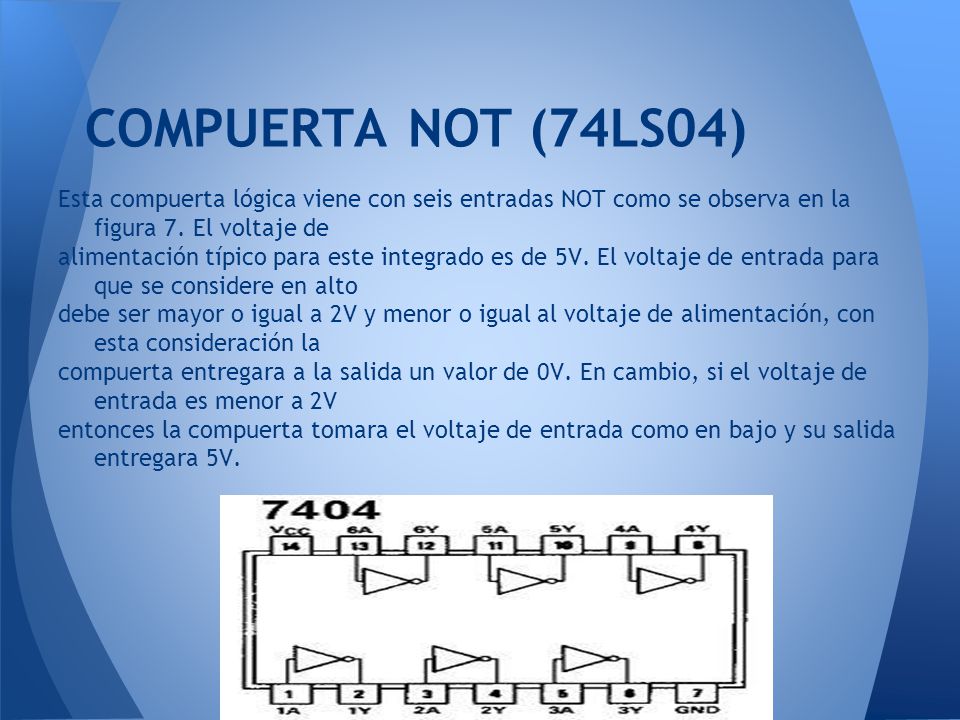 COMPUERTA NOT (74LS04) Esta compuerta lógica viene con seis entradas NOT como se observa en la figura 7. El voltaje de.